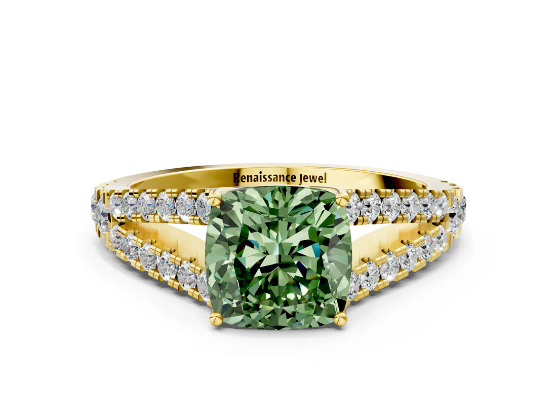 Yellow gold Fancy Green Cushion Cut Diamond Split Shank Pavé Engagement Ring with Four-Prong Setting_129