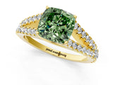 Yellow gold Fancy Green Cushion Cut Diamond Split Shank Pavé Engagement Ring with Four-Prong Setting_130