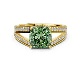 Yellow gold Fancy Green Cushion Cut Diamond Split Shank Ring with Pavé Band and Four-Prong Setting_44