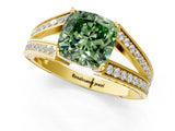 Yellow gold Fancy Green Cushion Cut Diamond Split Shank Ring with Pavé Band and Four-Prong Setting_45