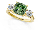 Yellow gold Fancy Green Cushion Cut Diamond Three-Stone Engagement Ring with Prong Setting and Pavé Band_13