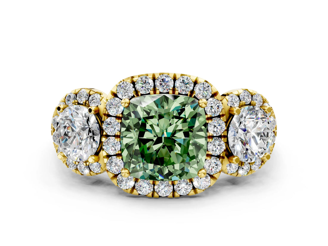 Yellow gold Fancy Green Cushion Cut Diamond Three-Stone Halo Ring with Prong Setting and Pavé Accents