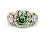 Yellow gold Fancy Green Cushion Cut Diamond Three-Stone Halo Ring with Prong Setting and Pavé Accents