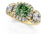 Yellow gold Fancy Green Cushion Cut Diamond Three-Stone Halo Ring with Prong Setting and Pavé Accents_1