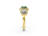 Yellow gold Fancy Green Cushion Cut Diamond Three-Stone Halo Ring with Prong Setting and Pavé Accents_2