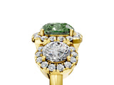 Yellow gold Fancy Green Cushion Cut Diamond Three-Stone Halo Ring with Prong Setting and Pavé Accents_5