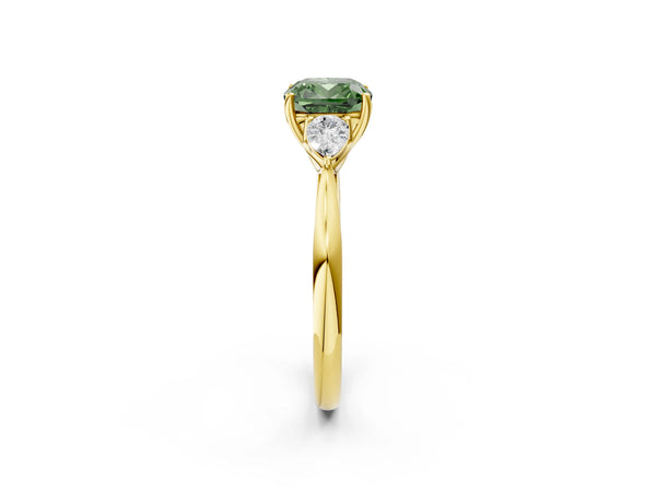 Yellow Gold Cushion Cut Three Stone Pear Side Engagement Ring Setting for Fancy Green Center