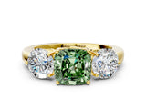 Yellow gold Fancy Green Cushion Cut Diamond Three-Stone Ring with Prong Setting and Classic Band_123