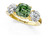 Yellow gold Fancy Green Cushion Cut Diamond Three-Stone Ring with Prong Setting and Classic Band_124