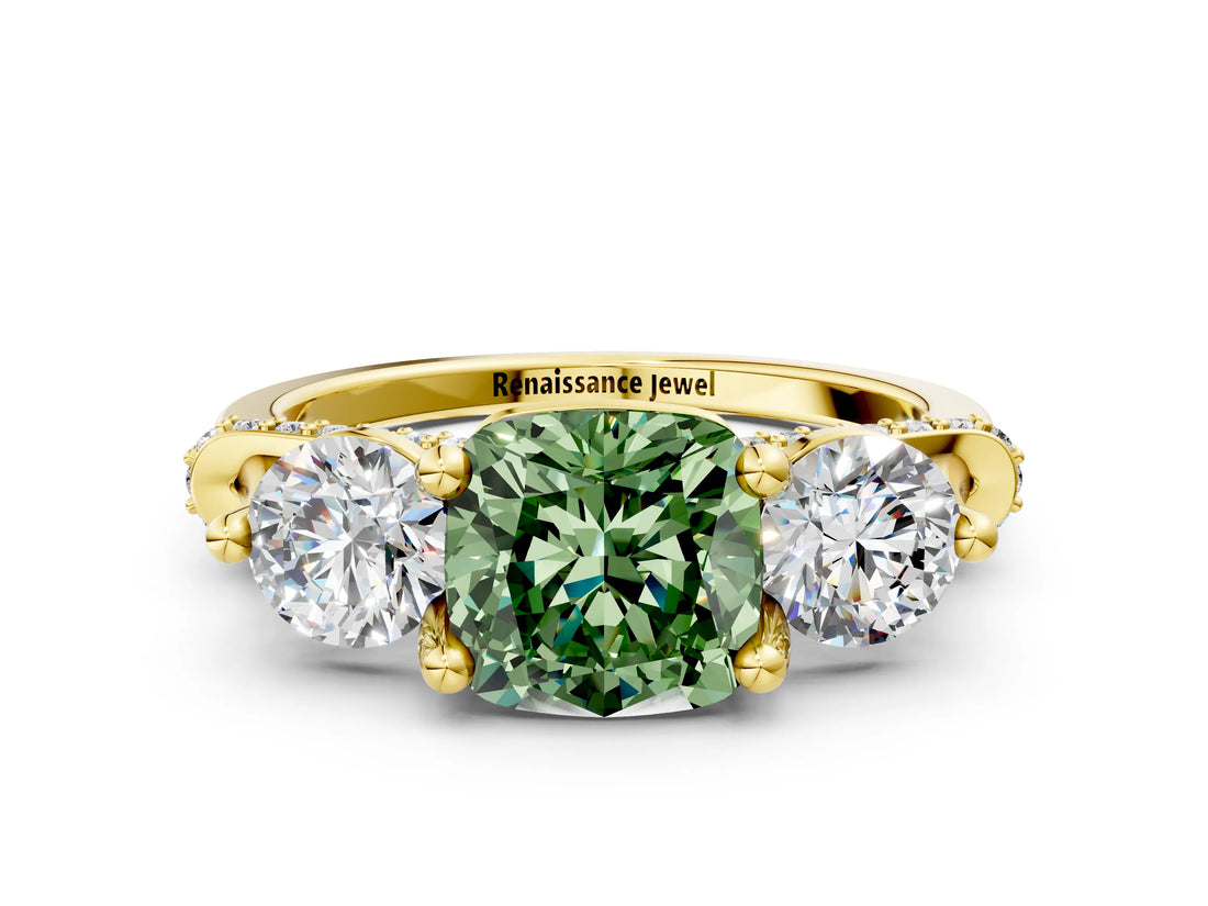 Yellow gold Fancy Green Cushion Cut Diamond Three-Stone Ring with Prong Setting and Pavé Band