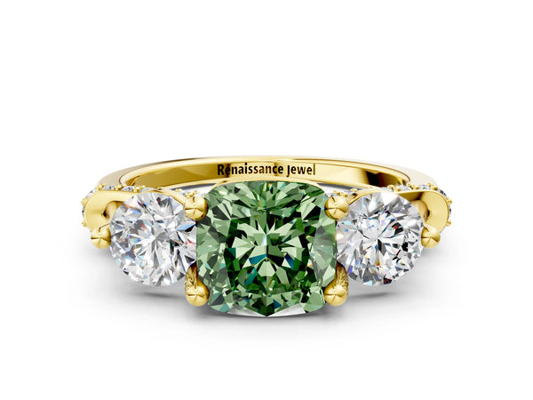 Yellow Gold Cushion Cut Curved Pave Three Stone Engagement Ring Setting for Fancy Green Center
