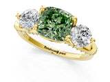 Yellow gold Fancy Green Cushion Cut Diamond Three-Stone Ring with Prong Setting and Pavé Band_1
