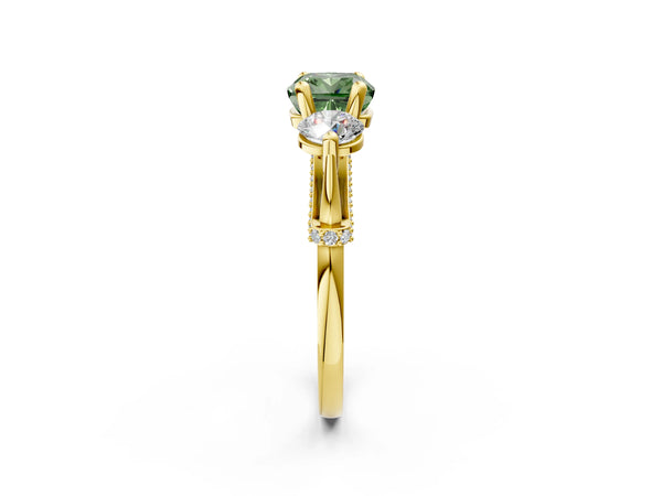 Yellow Gold Cushion Cut Curved Pave Three Stone Engagement Ring Setting for Fancy Green Center