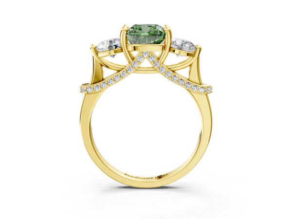 Yellow Gold Cushion Cut Curved Pave Three Stone Engagement Ring Setting for Fancy Green Center