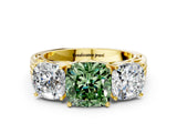 Yellow gold Fancy Green Cushion Cut Diamond Three-Stone Ring with Prong Setting and Textured Band
