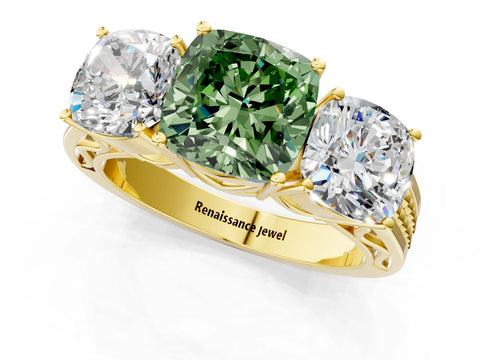 Yellow gold Fancy Green Cushion Cut Diamond Three-Stone Ring with Prong Setting and Textured Band_1