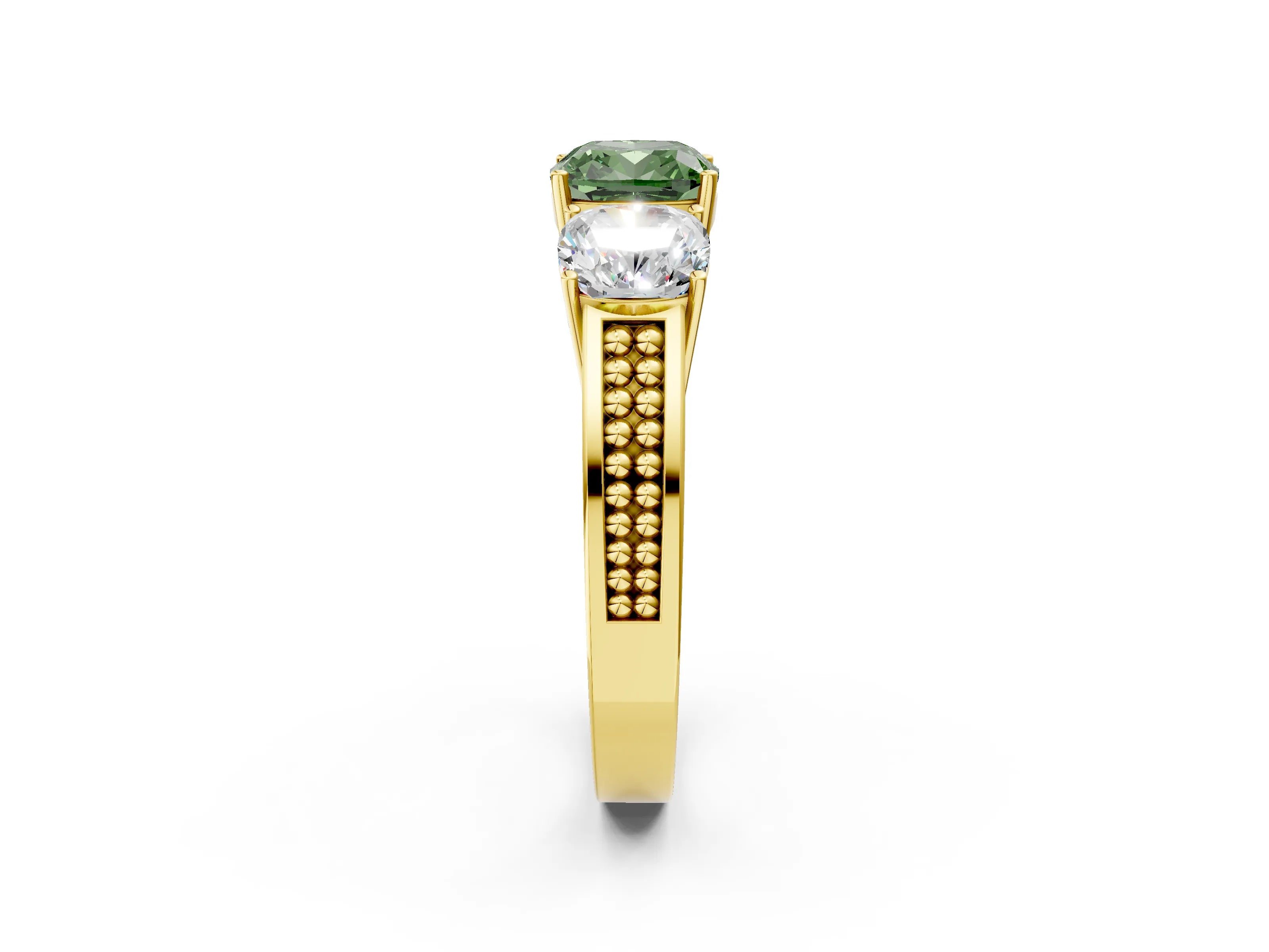 Yellow gold Fancy Green Cushion Cut Diamond Three-Stone Ring with Prong Setting and Textured Band_2