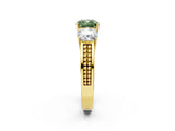 Yellow gold Fancy Green Cushion Cut Diamond Three-Stone Ring with Prong Setting and Textured Band_2