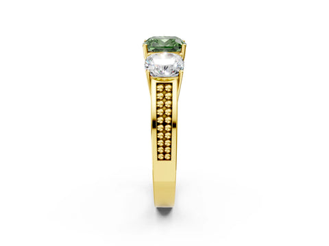 Yellow gold Fancy Green Cushion Cut Diamond Three-Stone Ring with Prong Setting and Textured Band_2