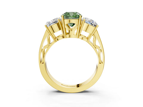Yellow gold Fancy Green Cushion Cut Diamond Three-Stone Ring with Prong Setting and Textured Band_3