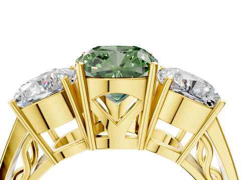 Yellow gold Fancy Green Cushion Cut Diamond Three-Stone Ring with Prong Setting and Textured Band_4