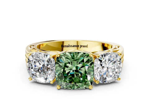 Yellow gold Fancy Green Cushion Cut Diamond Three-Stone Ring with Prong Setting and Textured Band