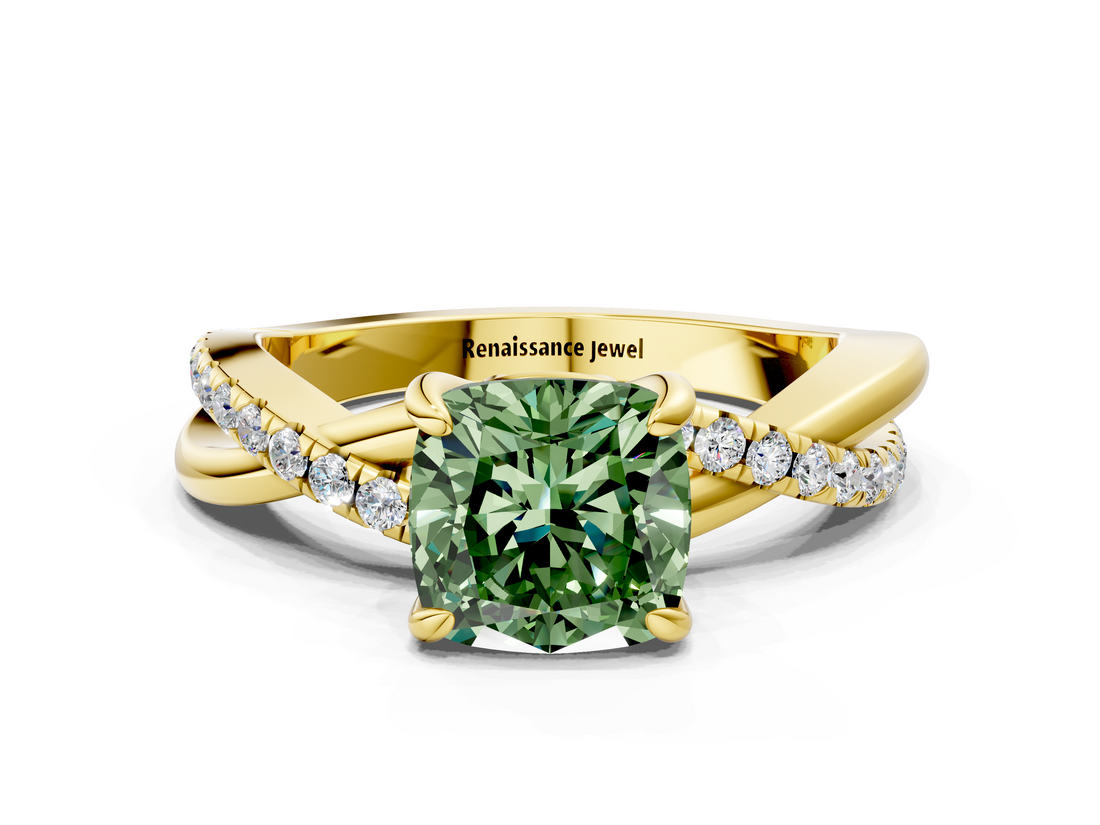 Yellow gold Fancy Green Cushion  Cut Diamond Twist Band Solitaire with Prong Setting_29