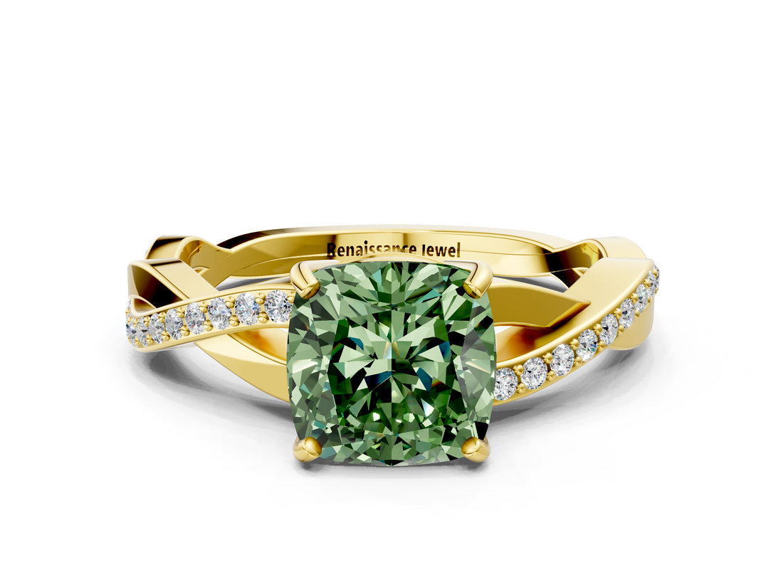Yellow gold Fancy Green Cushion  Cut Diamond Twisted Band Engagement Ring with Prong Setting_3