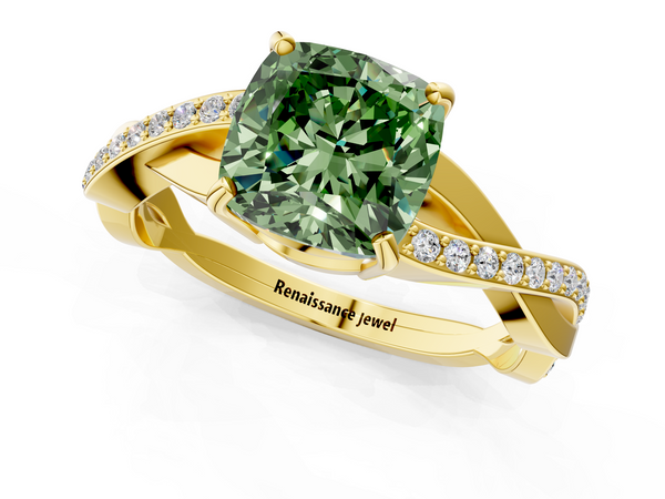 Yellow gold Fancy Green Cushion  Cut Diamond Twisted Band Engagement Ring with Prong Setting