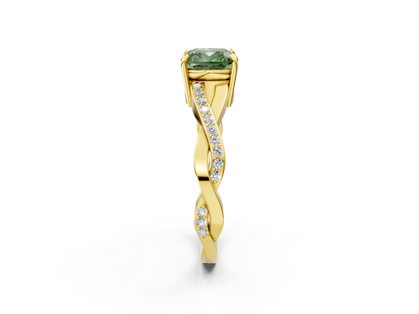 Yellow gold Fancy Green Cushion  Cut Diamond Twisted Band Engagement Ring with Prong Setting