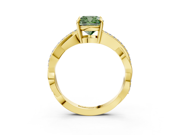 Yellow gold Fancy Green Cushion  Cut Diamond Twisted Band Engagement Ring with Prong Setting