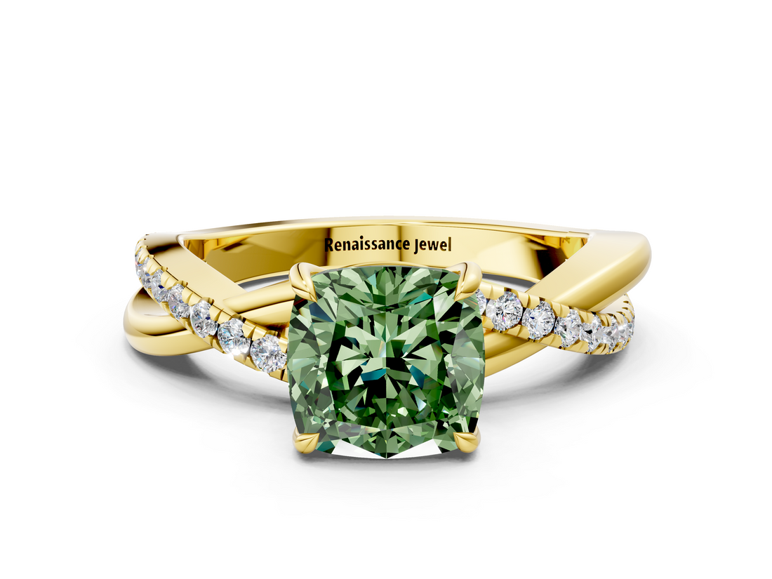 Yellow gold Fancy Green Cushion  Cut Diamond Twisted Band with Pavé Setting and Four-Prong Setting_20