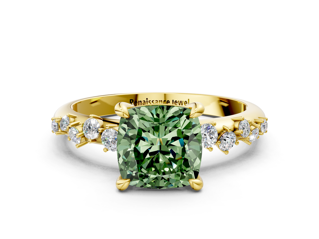 Yellow gold Fancy Green Cushion  Cut Diamond Vine Band with Four-Prong Setting_54
