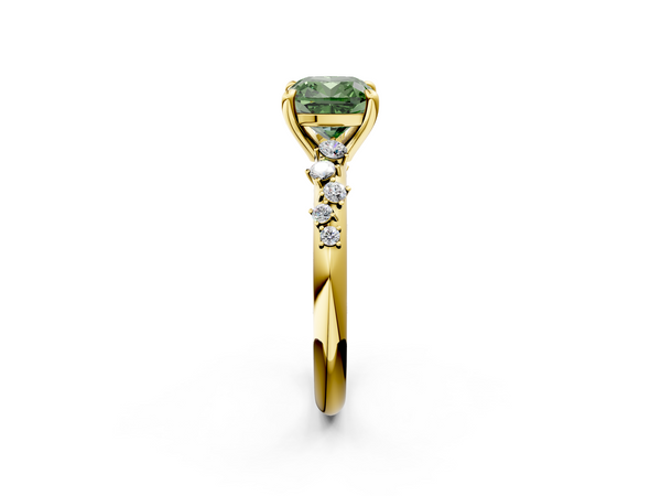 Yellow gold Fancy Green Cushion  Cut Diamond Vine Band with Four-Prong Setting