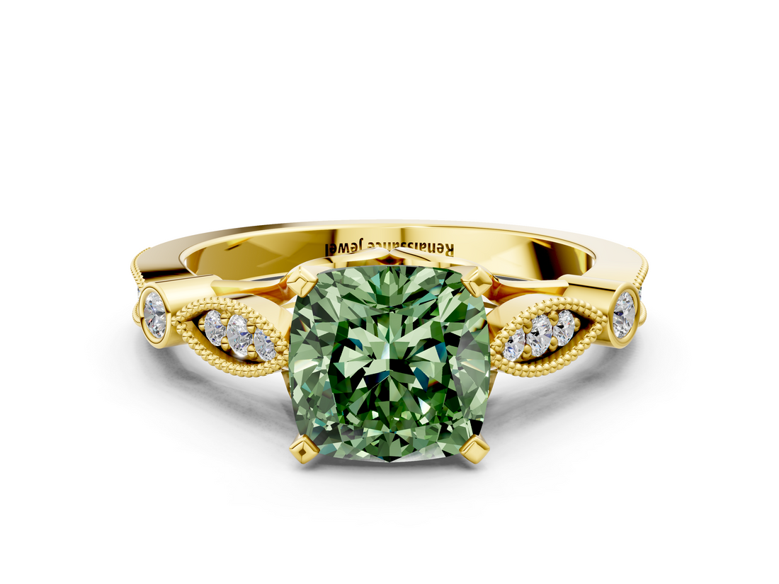 Yellow gold Fancy Green Cushion  Cut Diamond with Milgrain Marquise and Bezel Accents on a Solitaire Band with Prong Setting_186