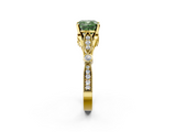 Yellow gold Fancy Green Cushion  Cut Diamond with Milgrain Marquise and Bezel Accents on a Solitaire Band with Prong Setting_188