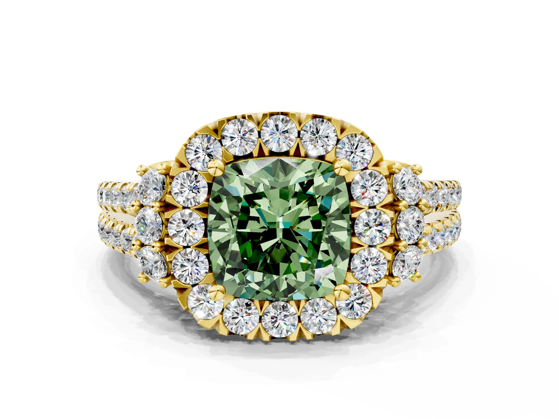 Yellow gold Fancy Green Cushion  Cut Double Halo Diamond Engagement Ring with Pave Band and Four-Prong Setting_60