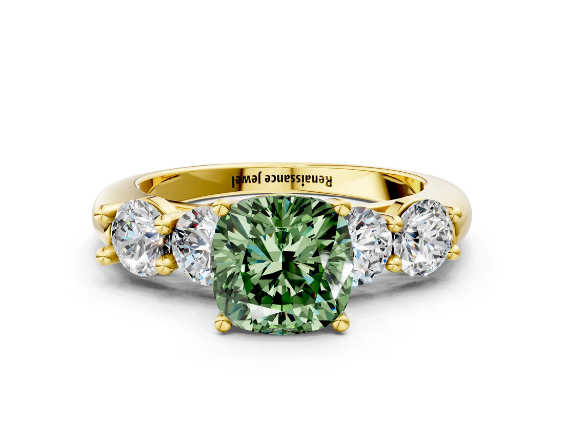 Yellow gold Fancy Green Cushion  Cut Five-Stone Prong Set Diamond Ring with Classic Band_32