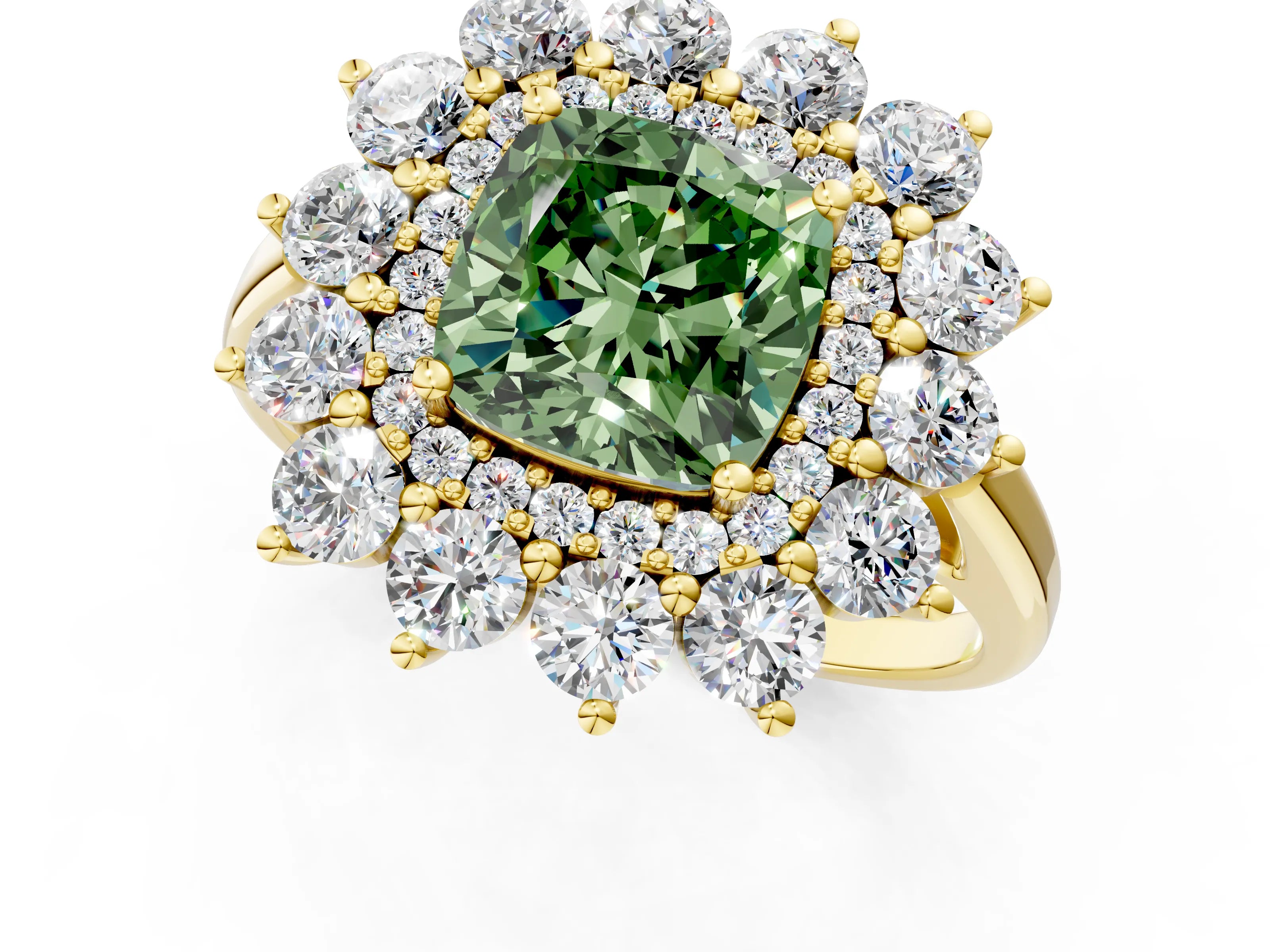 Yellow gold Fancy Green Cushion Cut Halo Cluster Diamond Ring with Pave Band and Four-Prong Setting_1