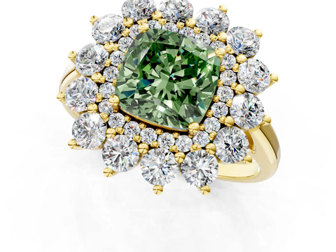 Yellow gold Fancy Green Cushion Cut Halo Cluster Diamond Ring with Pave Band and Four-Prong Setting_13