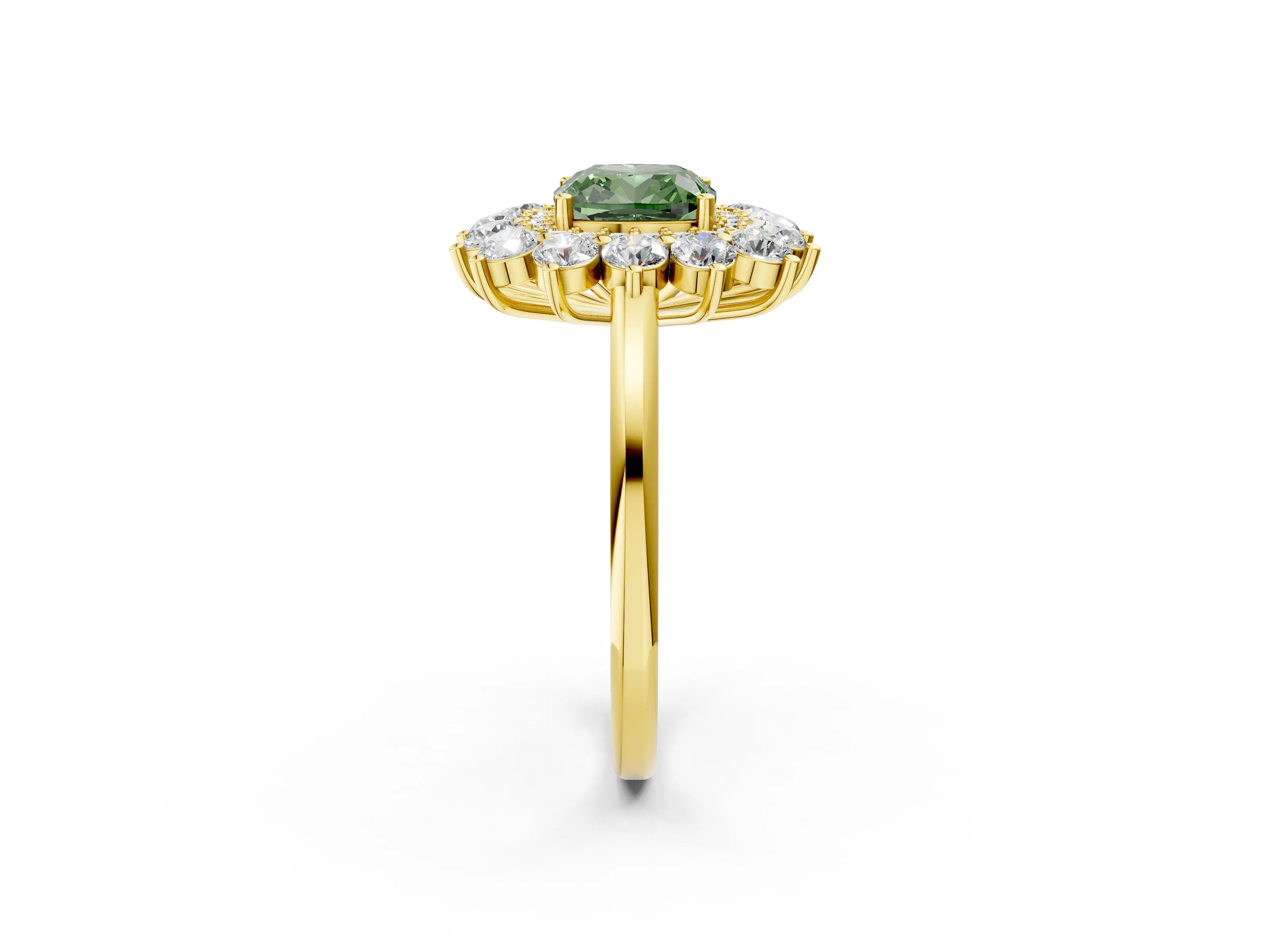Yellow gold Fancy Green Cushion Cut Halo Cluster Diamond Ring with Pave Band and Four-Prong Setting_14