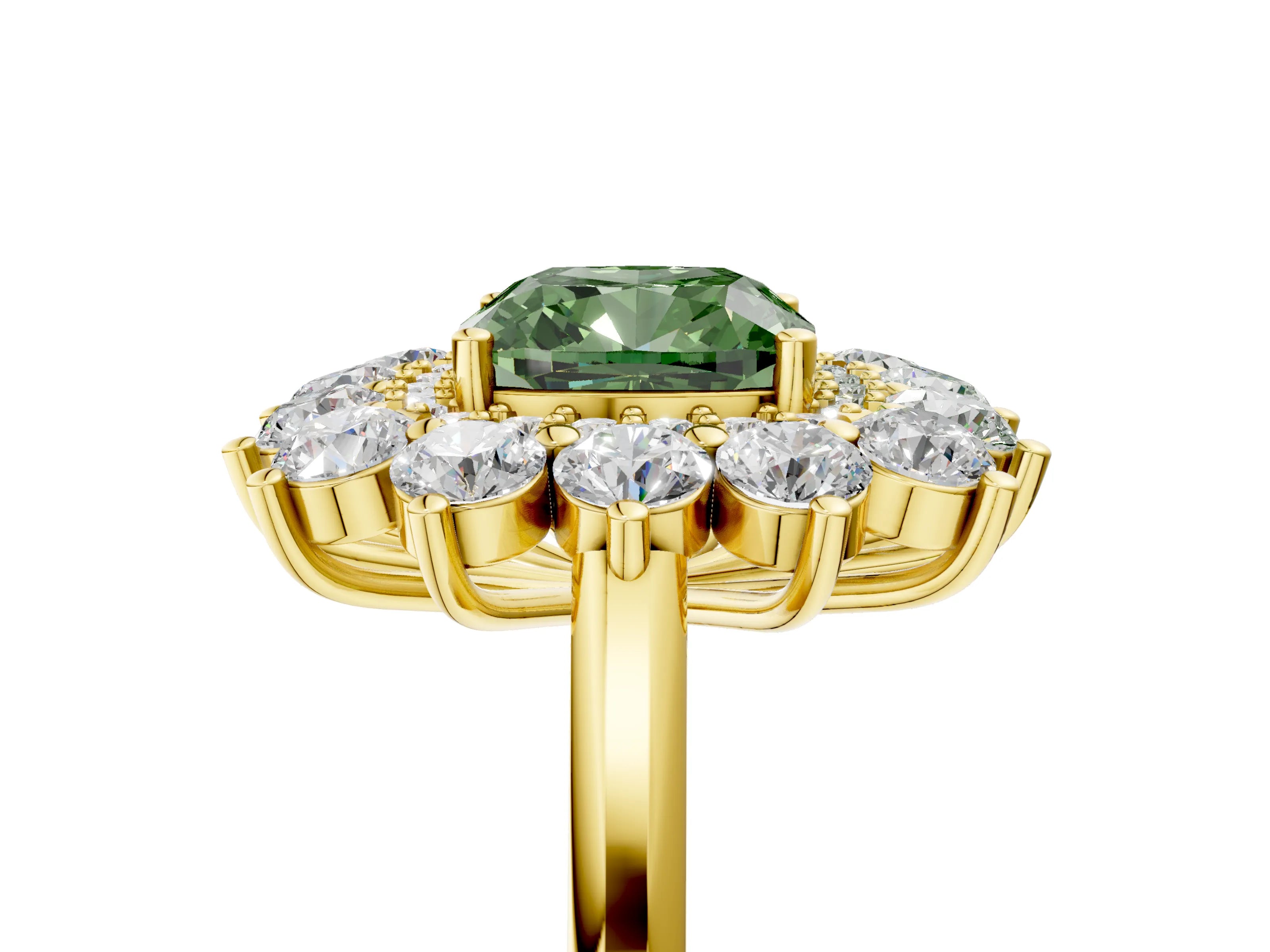 Yellow gold Fancy Green Cushion Cut Halo Cluster Diamond Ring with Pave Band and Four-Prong Setting_17