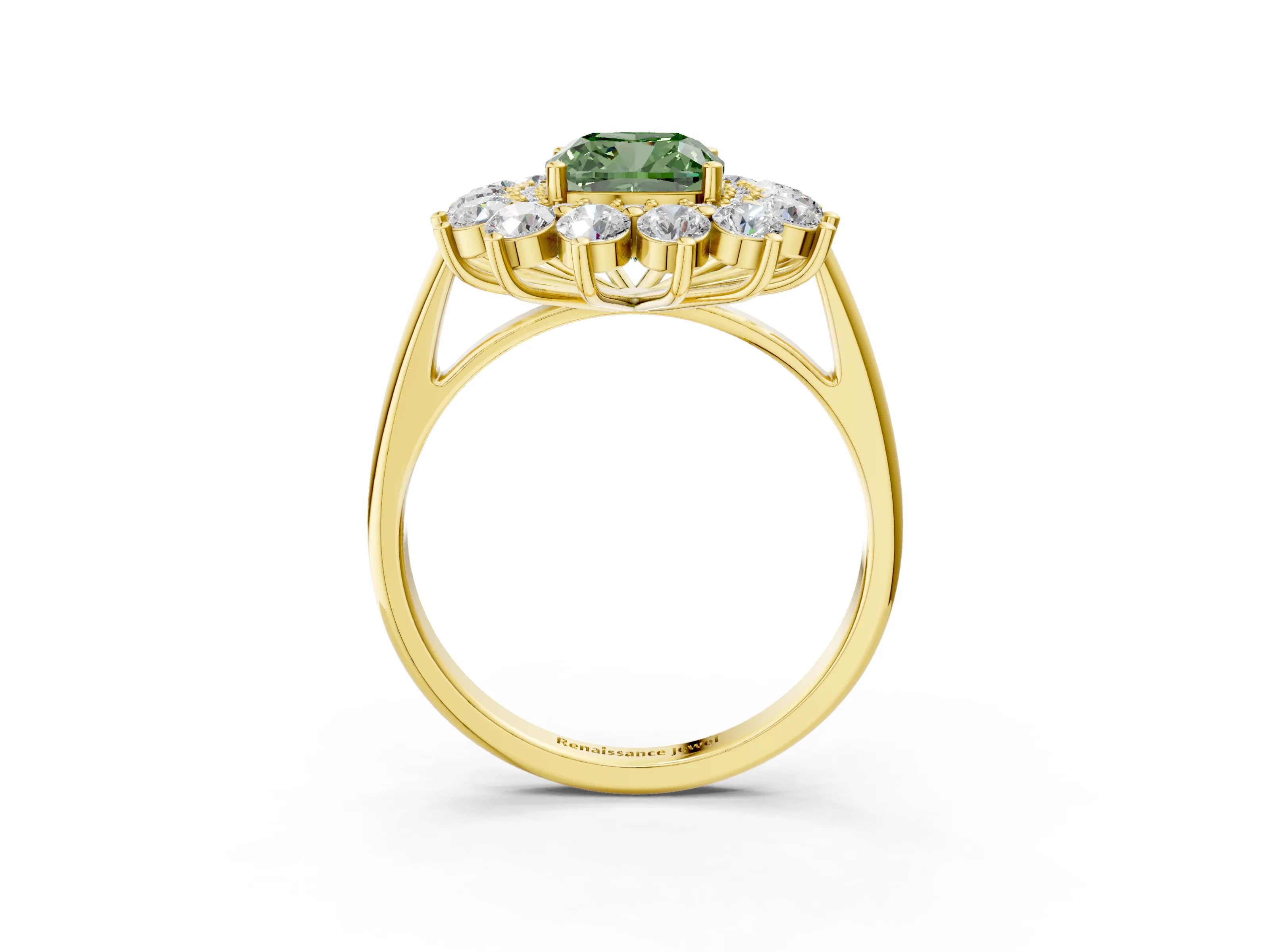 Yellow gold Fancy Green Cushion Cut Halo Cluster Diamond Ring with Pave Band and Four-Prong Setting_3