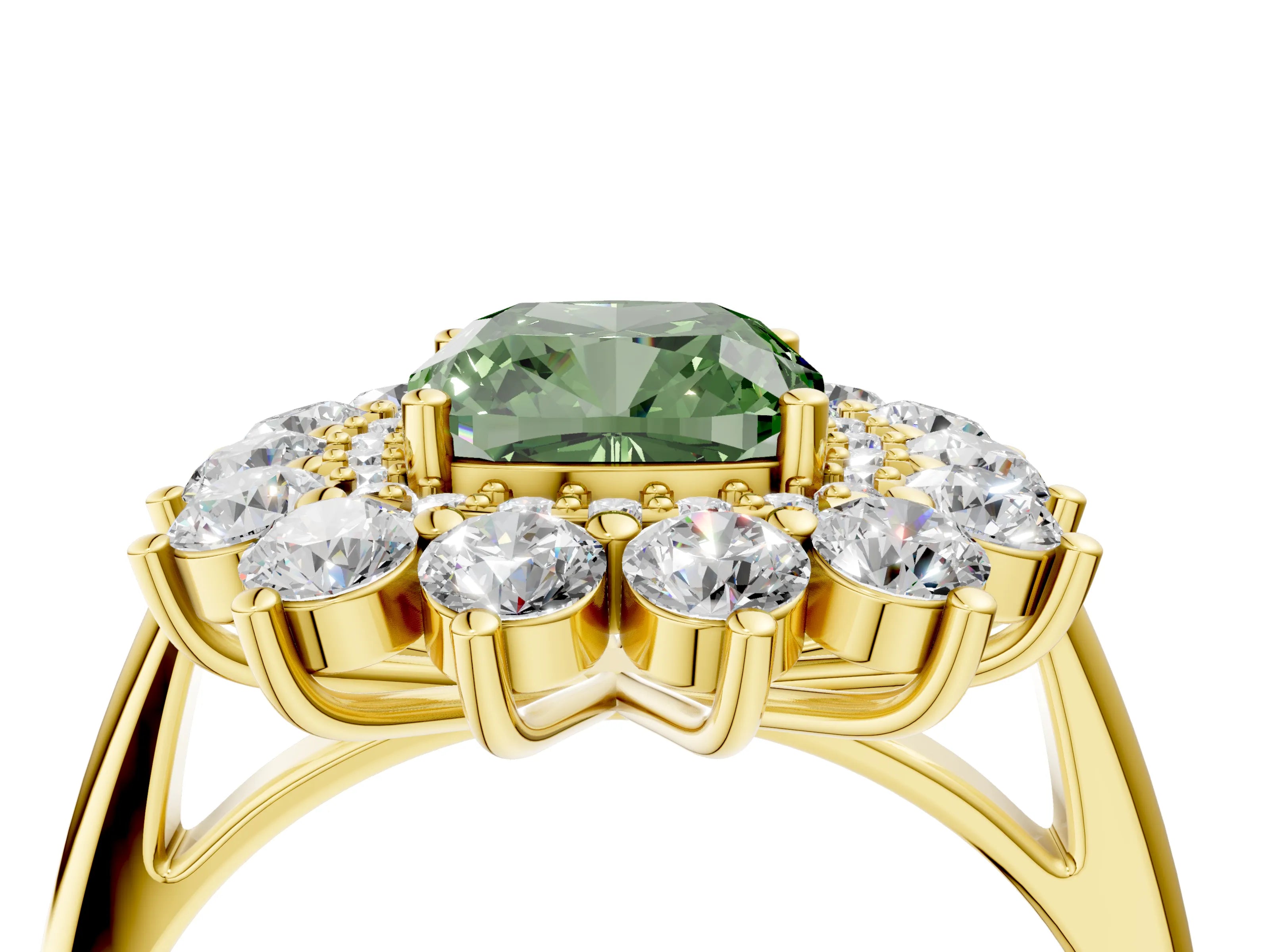 Yellow gold Fancy Green Cushion Cut Halo Cluster Diamond Ring with Pave Band and Four-Prong Setting_4