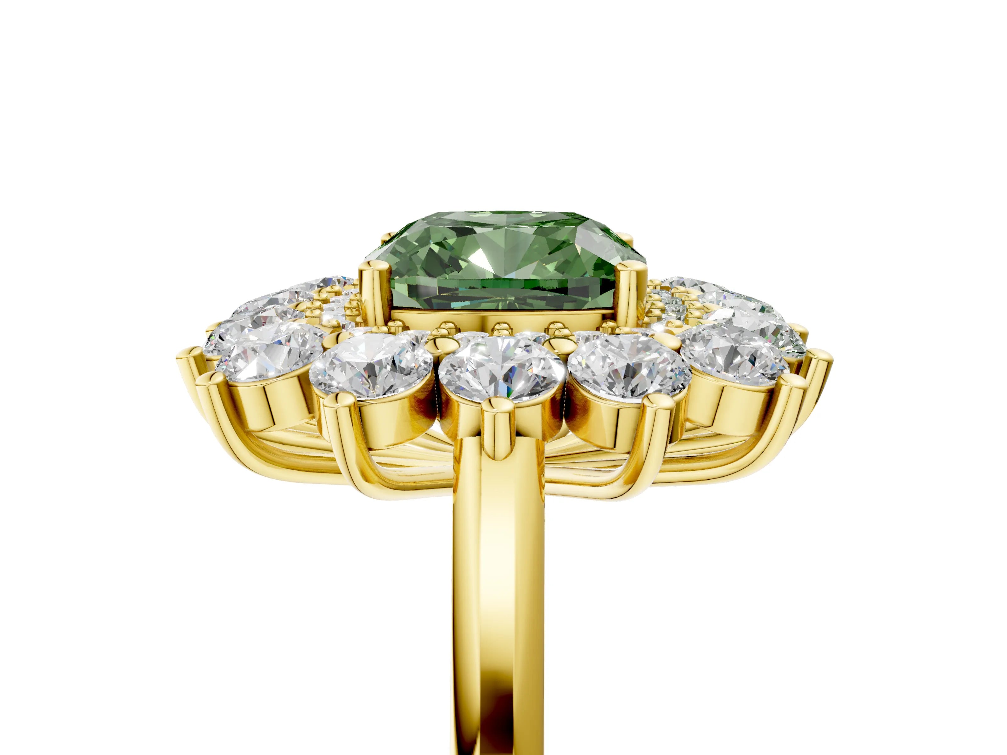 Yellow gold Fancy Green Cushion Cut Halo Cluster Diamond Ring with Pave Band and Four-Prong Setting_5