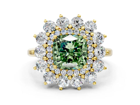 Yellow gold Fancy Green Cushion Cut Halo Cluster Diamond Ring with Pave Band and Four-Prong Setting