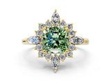 Yellow gold Fancy Green Cushion Cut Halo Diamond Cluster Ring with Marquise and Round Stones on a White Gold Band with Prong Setting