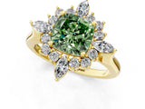 Yellow gold Fancy Green Cushion Cut Halo Diamond Cluster Ring with Marquise and Round Stones on a White Gold Band with Prong Setting_1