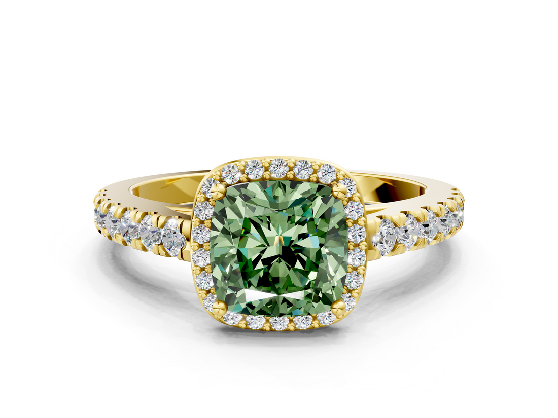 Yellow gold Fancy Green Cushion  Cut Halo Diamond Engagement Ring with Pave Band and Four-Prong Setting_28