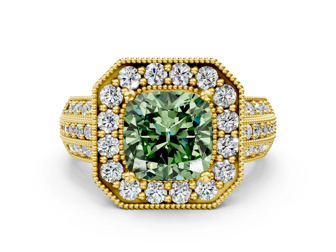 Yellow gold Fancy Green Cushion Cut Halo Diamond Engagement Ring with Pave Split Shank and Four-Prong Setting